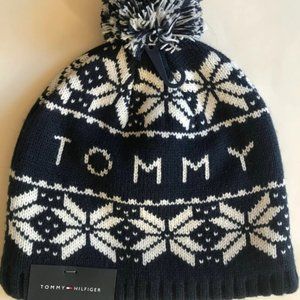 Tommy Hilfiger Logo Pom Pom Fair Isle Knit Beanie Ski Hat Cap Navy White